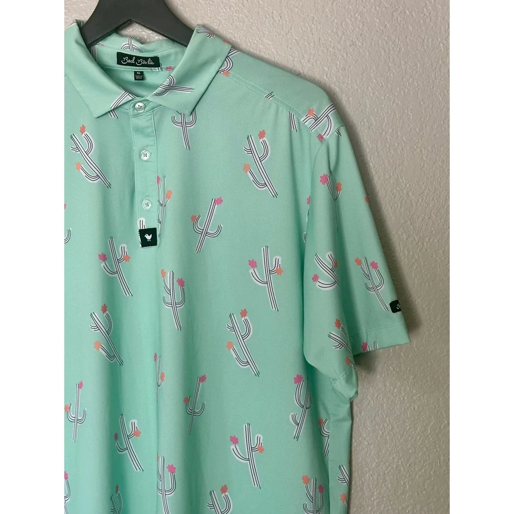 Bad Birdie Mens XL Mint Green Cactus Print‎ Golf Polo Shirt Short Sleeve Stretch